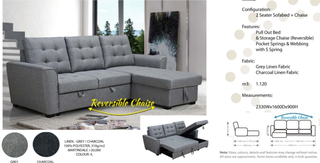 Gail 2-Seater sofa bed with chaise